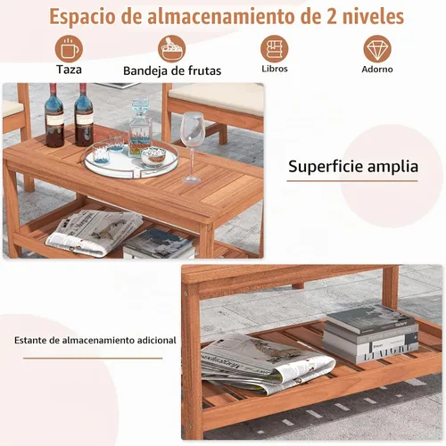 Vista 5 de Tangkula Mesa de centro de madera para exteriores, mesa de centro de patio de 2 niveles con mesa de madera dura de listones y estante
