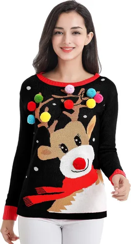 Vista 2 de v28 - Suéter tipo Ugly Christmas (feo de Navidad) para mujer, diversos estilos, suéter de punto con diseño de reno feliz