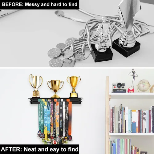 Vista 5 de Cosmos Soporte de exhibición de medallas de acrílico, organizador de trofeos y taza de trofeos, estante flotante de montaje en pared para premios