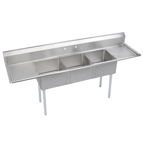 Vista 8 de Elkay Foodservice Fregadero de 3 compartimentos, OA de 58.5 x 29.75 pulgadas, altura de trabajo de 36 pulgadas, cuenco de 18 x 24 pulgadas, 14