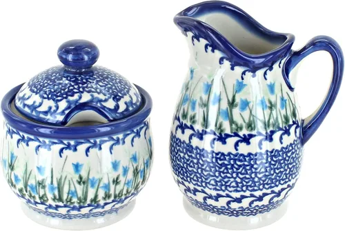 Vista 9 de Set de crema y azúcar de flor de manzana y cerámica polaca de rosa azul