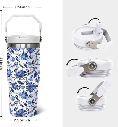 Vista 2 de Taza de 30 onzas con diseño floral – Taza de viaje aislada de acero inoxidable azul y blanca – Elegante taza de café con asa y tapa – Regalo