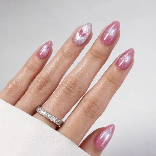 Vista 12 de Uñas cortas a presión de almendra, uñas con purpurina rosa degradado 3H-rosa con purpurina