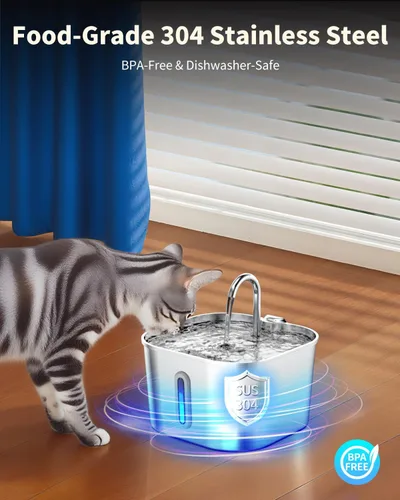 Vista 3 de Lawfery Fuente de agua para gatos de acero inoxidable, fuente automática de agua para gatos de 74 oz/2.2 L, dispensador de agua para mascotas