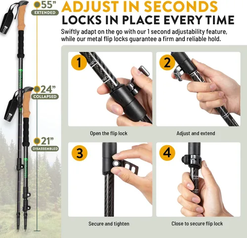 Vista 6 de 100% Carbon Fiber Trekking Poles by USA Brand - Ultra Strong Lightweight Collapsible Hiking Poles with Cork and EVA Foam Grips & Quick Adjustable