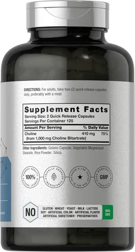 Vista 2 de Horbaach Suplemento de bitartrato de colina 1000 mg 250 cápsulas Alta potencia Sin OMG, sin gluten