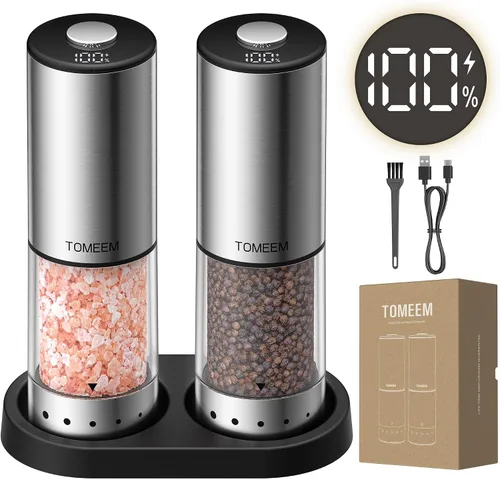 Vista 10 de TOMEEM Juego de molinillo eléctrico recargable de sal y pimienta, molinillo de pimienta automático de acero inoxidable de gran capacidad de 3.9 fl
