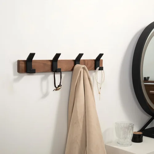 Vista 5 de Perchero de Pared - 15.7 Pulgadas Perchero de Ganchos de Madera de Nogal Montaje en Pared con 4 Ganchos de Aluminio Negro Ganchos de Abrigo