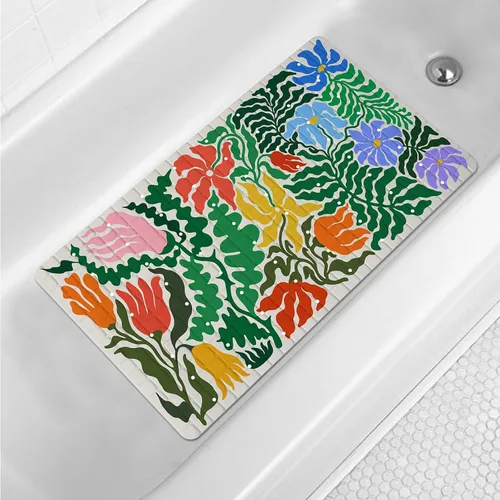 Vista 11 de Tapete de baño floral bohemio morado antideslizante con flores abstractas para ducha, tapete de baño botánico para bañera con ventosas y agujeros