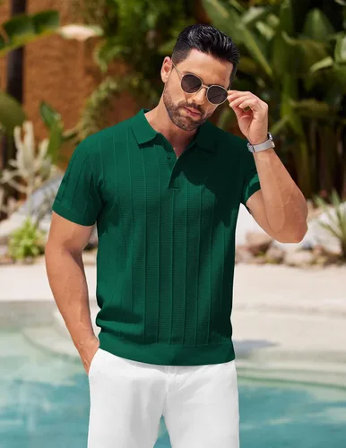 Vista 47 de COOFANDY Camisas polo de punto para hombre de manga corta con textura acanalada Camisas de golf casuales y ligeras con cuello Camiseta de polo