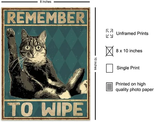 Vista 2 de Divertida decoración de baño de gato, póster con texto en inglés "Remember to Wipe Cat", decoración de pared de baño, decoración de pared de baño