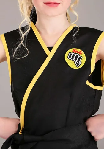 Vista 4 de Disfraz de Cobra Kai de Karate Kid para niñas, Gi sin mangas negro con insignias y diadema de cobra negra