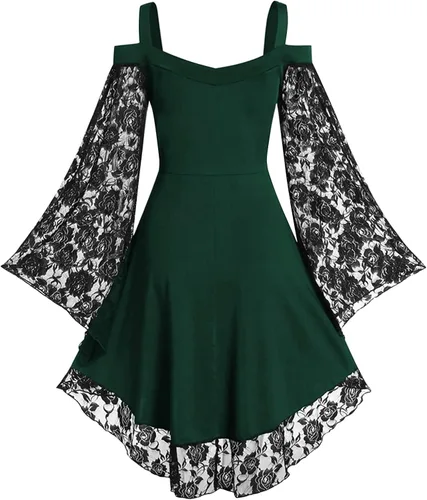 Vista 2 de Panegy Vestido gótico steampunk para mujer, con encaje y hombros descubiertos, vestido renacentista para fiesta, cosplay