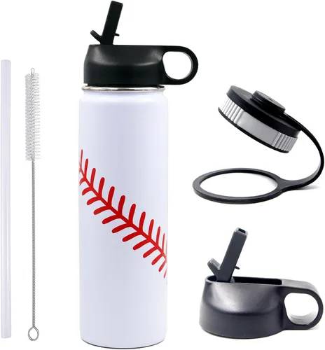 Vista 16 de Botella de agua de béisbol de 18 onzas, botella deportiva de boca ancha, vaso de viaje de metal con 2 tapas, botellas de agua aisladas al vacío