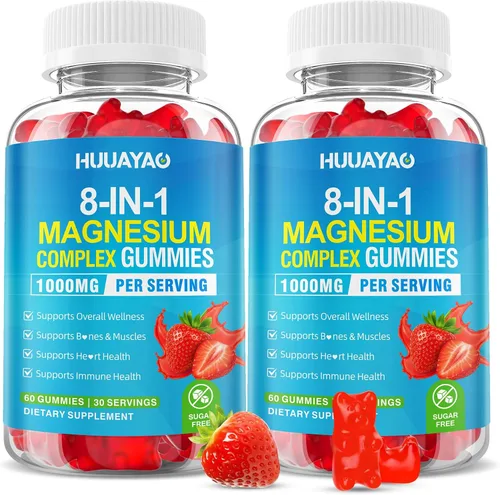 Vista 8 de Gomitas de complejo de magnesio para mujeres y hombres 8 en 1, glicinato de magnesio, citrato, malato, taurato, apoya los huesos, los músculos