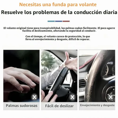Vista 3 de Funda de cuero para volante de auto con forro antideslizante universal de 14.5-15 pulgadas (37-38 cm), protector de microfibra para automóviles