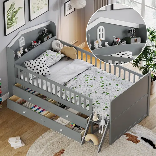 Vista 16 de Cama de plataforma de tamaño individual con cabecera de almacenamiento y luz LED integrada, base de cama de plataforma de madera con barandilla