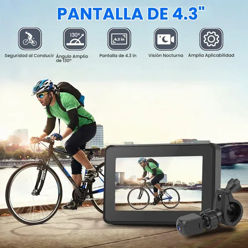 Vista 2 de Espejo de bicicleta para bicicleta, cámara de visión trasera de bicicleta 1080P con pantalla de 4.3 pulgadas, cámara de visión nocturna a color gran