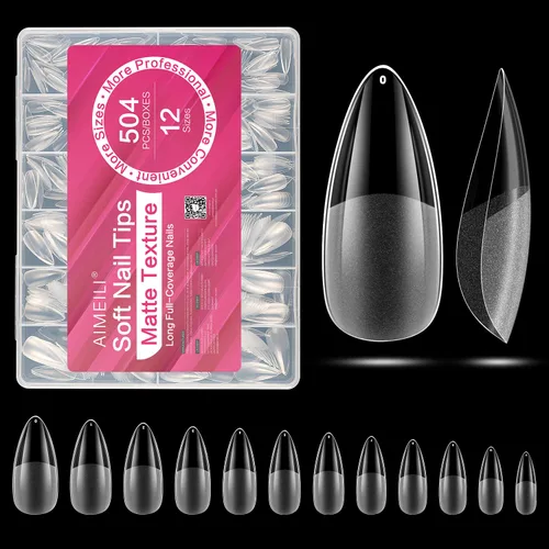 Vista 19 de AIMEILI 432 puntas de uñas postizas cortas de almendra, redondas, de cobertura completa, para extensión de uñas de remojo, uñas postizas acrílicas a