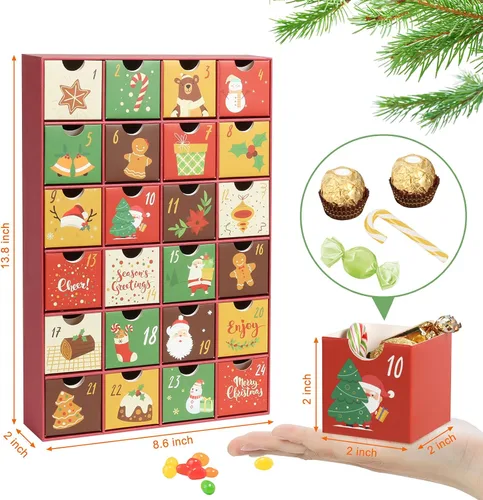 Vista 2 de LEMESO Calendario de Adviento 2025 para niños, adultos, adolescentes, decoraciones de Navidad con 24 cajones, cajas de cuenta regresiva de 24 días