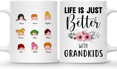 Vista 7 de Gossby Taza personalizada Life is Better With GrandKIDS (1 niño), taza personalizada de regalo para abuelos con avatares de nietos, nombres, 11
