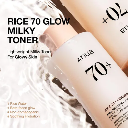 Vista 2 de ANUA Rice 70 Glow Milky Toner, para piel de vidrio, agua de arroz, niacinamida, ceramidas, pantenol, sin fragancia, no comedogénico, seguro