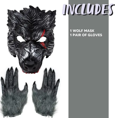 Vista 4 de Spooktacular - Máscara de lobo y garras de Halloween realista negro grande malo aullante 3D disfraz de hombre lobo con manchas de sangre incluye