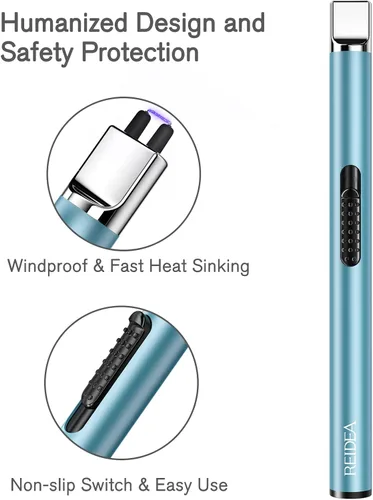 Vista 2 de REIDEA Encendedor electrónico de velas de arco, resistente al viento, sin llama, recargable por USB, con botón de seguridad para el hogar