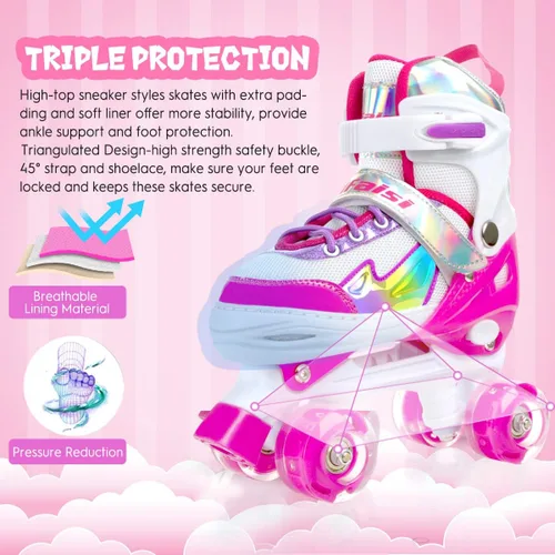 Vista 3 de Patines negros y rosados para niñas y niños de 4 a 13 años, 4 tamaños, ruedas iluminadas y diseño superior brillante