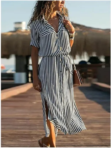 Vista 2 de Vestido de camisa de mujer Maxi vestido largo negro naranja manga corta rayas primavera verano