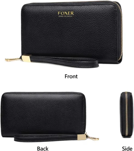 Vista 6 de FOXLOVER Carteras de cuero genuino para mujer, con bloqueo RFID, con cremallera, con pulsera