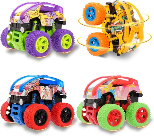 Vista 13 de Camión monstruo para niños de 3, 4, 5, 6, 7 años, paquete de 4 juguetes de automóvil impulsados por fricción Push and Go, juego de vehículos