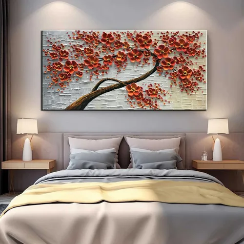 Vista 6 de YaSheng Art - Pintura al óleo pintada a mano sobre lienzo Textura Paleta Cuchillo Pinturas Flores Rojas Pinturas Modernas Decoración del Hogar