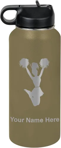 Vista 16 de LaserGram Botella de agua con tapa abatible de doble pared de 12 onzas con pajita, animadora, grabado personalizado incluido (negro)