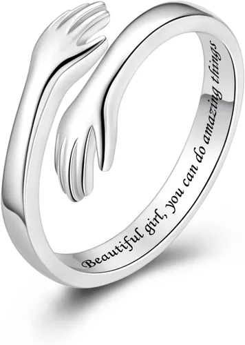 Vista 43 de Anillos de abrazo de plata esterlina S925 para mujeres, adolescentes y niñas, anillo ajustable para nieta, hija, esperanza, promesa, amistad, anillo