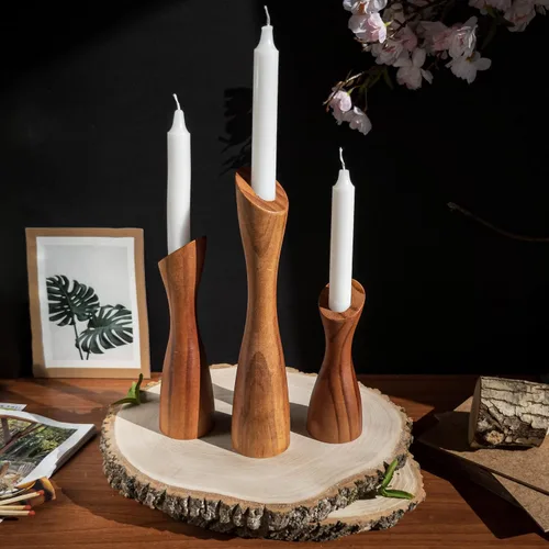 Vista 3 de OLEEK portavelas cónicos de madera - portavelas cónicos de madera para centro de mesa - portavelas de madera (9", 8", 6") - portavela de madera