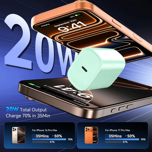 Vista 2 de Cargador para teléfono 17, 16, 15 Pro, carga rápida, 20 W, USB C, bloque de carga rápida con cargadores tipo C de 3 pies de largo, cable de carga