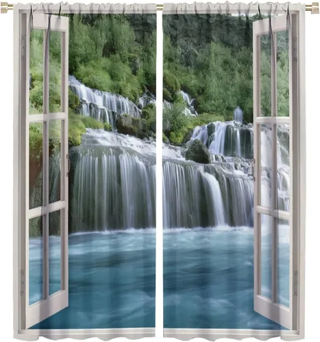 Vista 26 de Cortina opaca de bosque de verano, diseño de ramas de bosque, con bolsillo para barra, cortinas farbic con bolsillo para barra, comedor, cafetería