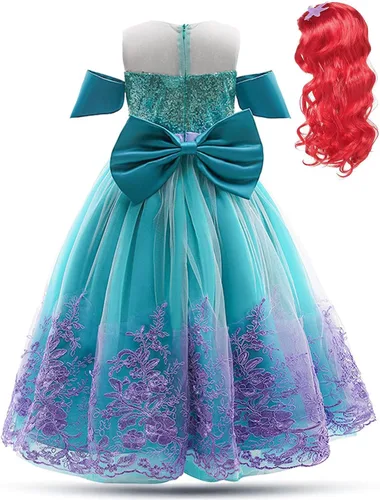 Vista 6 de keaiyouhuo Vestido de princesa sirena 3-13T para niñas, disfraz de cosplay, vestido de fiesta de cumpleaños + peluca roja