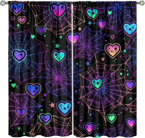 Vista 38 de Cortinas opacas de tela de araña aterradora para niños, tela de araña en blanco y negro, fondo rojo, dormitorio de niños, guardería, decoración