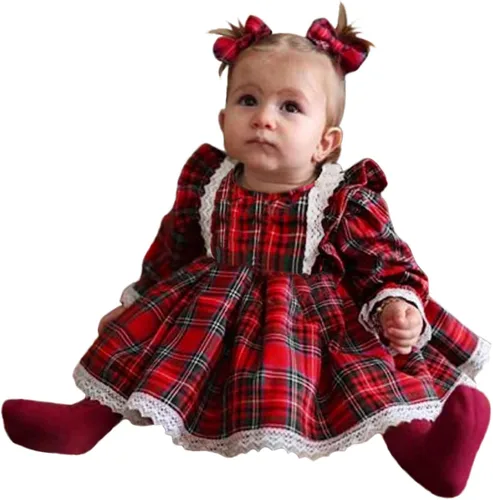 Vista 5 de B30 - Vestido de princesa con estampado de encaje para bebé y niña ropa para bebé Rojo 6-12 meses