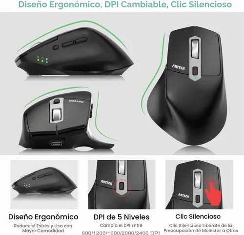 Vista 3 de Arteck Ratón Bluetooth inalámbrico multidispositivo con Nano USB-A, receptor USB-C ergonómico mano derecha, clic silencioso, mouse recargable