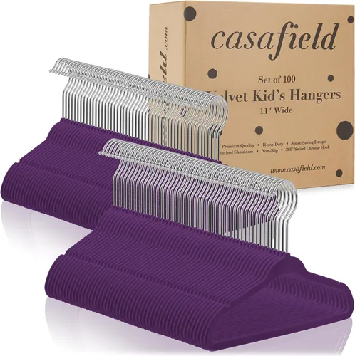Vista 4 de Casafield 100 perchas de terciopelo para bebé, tamaño de 11 pulgadas, para ropa de bebés y niños pequeños, color morado