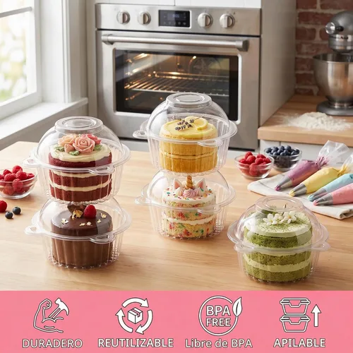 Vista 4 de Bekith Paquete de 150 recipientes individuales para cupcakes, soporte de plástico para cupcakes con tapa, cajas individuales para cupcakes