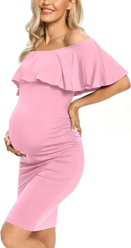 Vista 2 de AONESX Vestido de maternidad ajustado con volantes y hombros descubiertos, vestido de embarazo formal para baby showerfotografía
