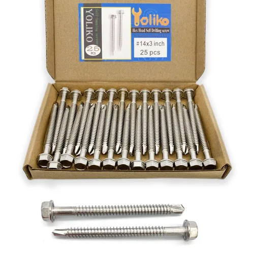 Vista 13 de Tornillos autoperforantes de cabeza hexagonal de arandela #14 x4 (1" a 4-7/8" disponibles), acero inoxidable 410, tornillos Tek de chapa