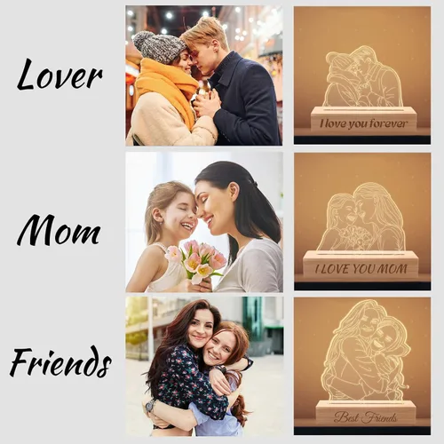 Vista 3 de Lámpara de fotos personalizada de ilusión de retrato 3D, placa grabada con imagen personalizada, luz nocturna con base de madera, lámpara LED