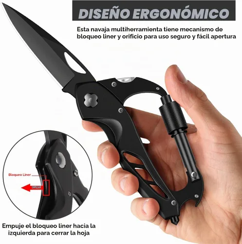 Vista 4 de Herramienta múltiple con mosquetón con cuchillo de bolsillo, equipo de supervivencia para camping y senderismo, llavero con mosquetones EDC