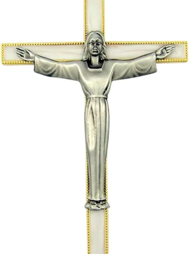 Vista 2 de Recuerdo de cruz de peltre chapado en oro con Corpus de Cristo Resucitado, 7 pulgadas