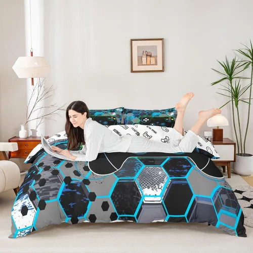 Vista 45 de Juego de funda de edredón con diseño de videojuegos para niños, tamaño individual, negro y azul a cuadros, juego de ropa de cama moderna